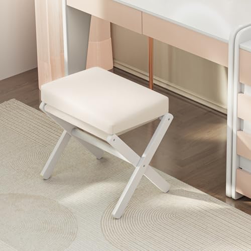 BAMBOOHOMIE Foldable Foot Stool Ottoman, Modern Foot Rest with Bamboo X Legs & Thick Foam Cushion, Folding Foot Stools Small Padded for Bedroom Living Room, Footstool for Chair Couch (White - White) - color: White - White