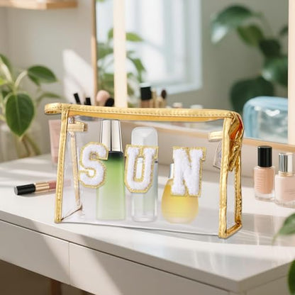 Clear Preppy Patch Cosmetic Bag, Sun Chenille Letter Bag for Beach, Clear Travel Pouch with Zipper, Small Toiletry Bag for Women Girls Teens Gift (Gold) - color: Gold