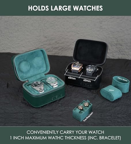 2 Watch Travel box Real Top-grain Leather Two Watch Roll Case for Man and Women Watch Packing Box Storage Organizer with Suede to Protection Zipper Fit All Watches Up to 60mm (2W-Z-GR) - color: 2W-Z-GRR