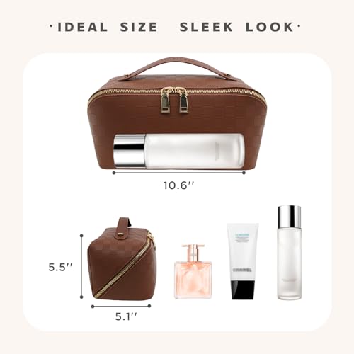 Travel Makeup Bag – Large Cosmetic Organizer with Waterproof PU Leather, Smooth Double Zipper & Tear-Resistant Lining, Toiletry Pouch for Women (Brown) - color: 02-Brown