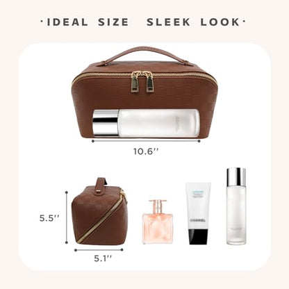 Travel Makeup Bag – Large Cosmetic Organizer with Waterproof PU Leather, Smooth Double Zipper & Tear-Resistant Lining, Toiletry Pouch for Women (Brown) - color: 02-Brown