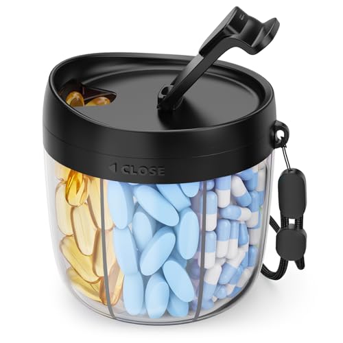 AMOOS Cute Pill Dispenser with 7 Large Compartments, Portable Pill Bottle Organizer with Wide Opening for Easy Use, Anti-Mix Pill Organizer for Travel, BPA-Free Pill Container, Black - color: Black