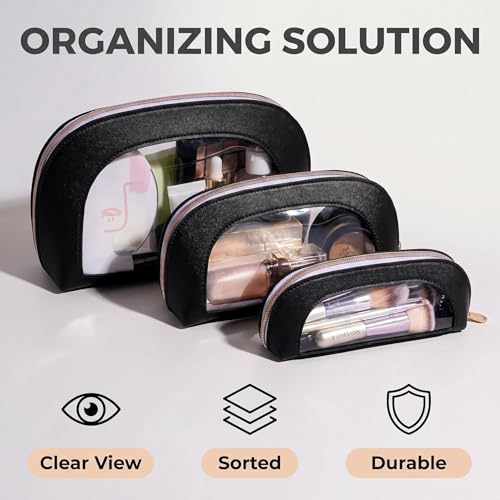 BS-MALL Makeup Bag Set Clear Travel Toiletry Organizer Pouches - Waterproof Cosmetic Bags with Zippers for Women, Toiletry Travel Kit for Vacation & Daily Use Pack of 3 - color: Black