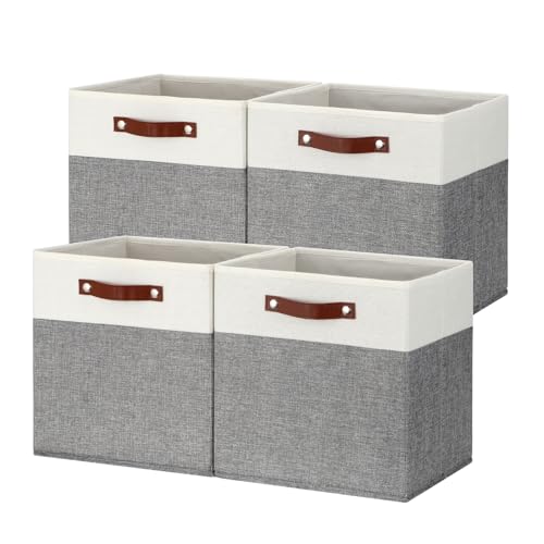 Temary 13 Inch Cube Storage Bins 4 Pack, Perfect Fit for Standard Cube Organizers, Sturdy Collapsible Storage Organizer Bins with PU Leather Handles for Closet, Nursery, and Office-White&Grey - color: White&Grey, size: 13×13×13