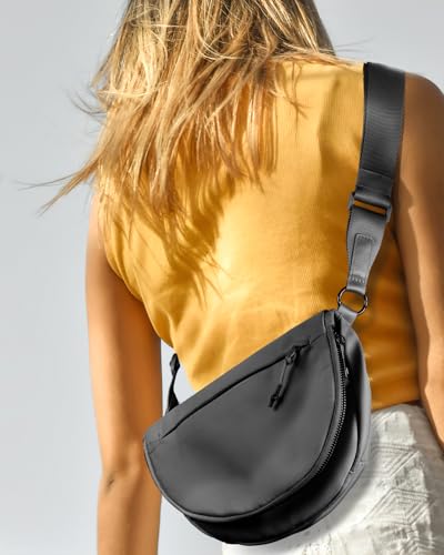Crescent Bag for Women and Men, Fashion Medium Nylon Folding Crescent Moon Bag Single Shoulder Bag with Adjustable Strap - color: Black Grey