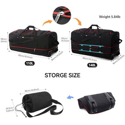 Bagenerous 110L/140L Expandable Soft-Sided Foldable Duffle Bag with 2 Rubber Wheels,Packable 32” Rolling Carry-On with Multi-Pockets & Compartments,Black Red - color: Black Red
