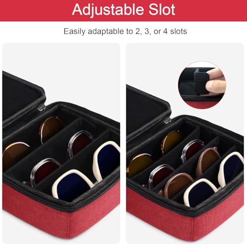Bukere Travel Sunglasses Organizer Case, Adjustable Slot For Multiple Pairs, Portable Eyeglasses Storage Box for Men Women - color: Red, style: 4 Slots