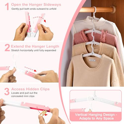 Foldable Travel Hangers for Cruise, 6 Pack Portable Collapsible Hangers with Clips, Folding & Space-Saving Suitcase Hangers for Travel, (Pink-White) - color: Pink-white