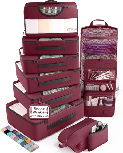Veken 10 Set Packing Cubes for Travel Essentials, Suitcase Organizer Bags in 4 Sizes, Carry-On Luggage Accessories with Laundry Bag, Airplane Must Have, Gifts for Women Men - color: 12 Wine Red