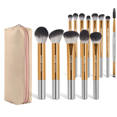 MAANGE 13 PCS Makeup Brushes Travel Make Up Brushes Premium Synthetic Powder Concealers Brushes Professional Makeup Brush Set with Case (Gold Silver) - color: Gold Silver