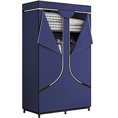 SORCEDAS Portable Wardrobe Closet Storage Organizer Metal Hanging Rack Non-Woven Fabric 34 Inch Coffee (34 Inch, Blue) - color: Blue, size: 34 Inch