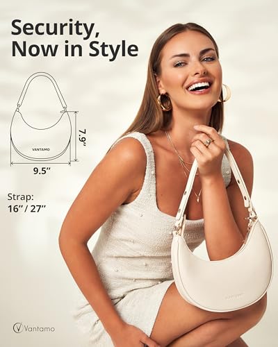 Vantamo Crescent Bags For Women with RFID Protection, Half Moon Clutch Purses for Women with Anti-Theft Clip for Extra Safety - color: Off-white