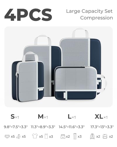 Percover Compression Packing Cubes for Travel, 4-Piece Structured Compression Organizer Set with Label Pockets for Carry-On & Checked Luggage, Navy Blue - color: Navy Blue, size: 4 Set