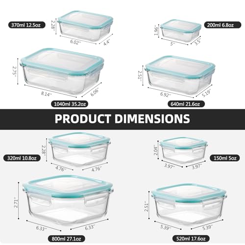 Liuruiyu Glass Food Storage Containers with Lids, 8 Pack Meal Prep Containers, Airtight Bento Boxes with Leak Proof Locking for Microwave, Oven, Freezer and Dishwasher, BPA Free（5oz to 36oz） - color: 8 Pack-(5-35oz)