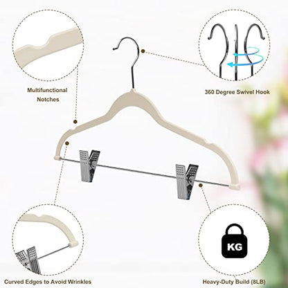 Quality Plastic 20-Pack Non Velvet Non-Flocked Thin Compact Coat Hangers with Metal Clips for Skirts Pants Blouses 360° Swivel Hook (Ivory, 20) - color: Ivory