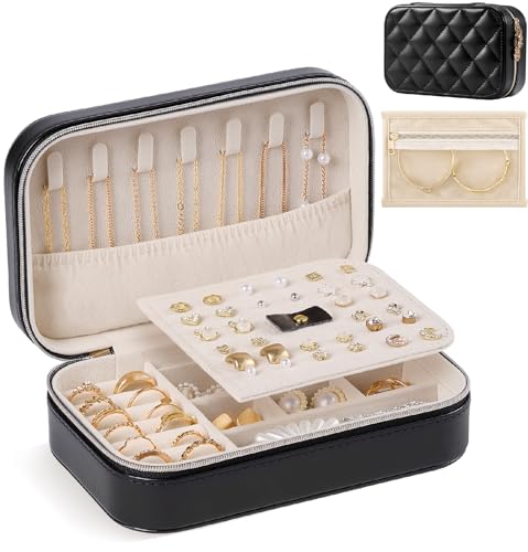 Lolalet Travel Jewelry Case for Women Girls, PU Leather Jewelry Organizer with Clear Storage Bag Small Portable Jewelry Box for Necklace Bracelet Earring Ring Birthday Bridesmaid Gifts -Medium/Black - color: Black, size: Medium (6.8"W*4.4"D*2.2"H)