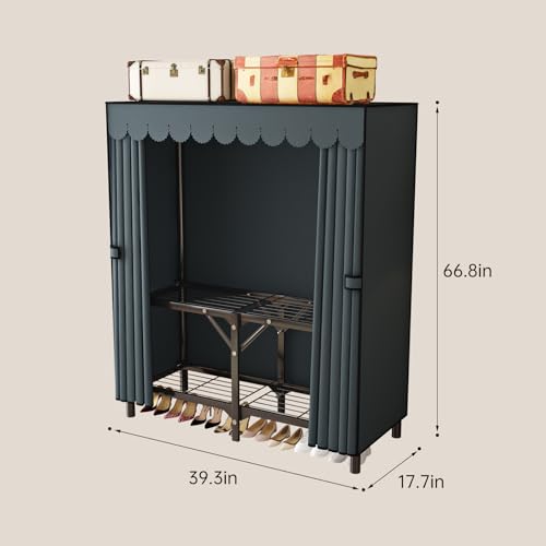 Foldable Clothes Hanger with Cover Portable Wardrobe, Metal Standing Armoire Wardrobe Clothes Rack with Gray Fabric Cover,One-Piece Folding Base,25MM Steel Tube for Bedroom - size: 39.4 x 17.7 x 66.9 inches