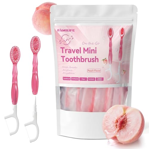 FAMILIFE Travel Toothbrush - 5 in 1 Mini Disposable Toothbrush with Toothpaste, Floss Picks & Tongue Scraper, Individually Wrapped Prepasted Brush for Weekend, Business Trip & Camping (Peach, 24pcs) - color: Peach 24 Pcs