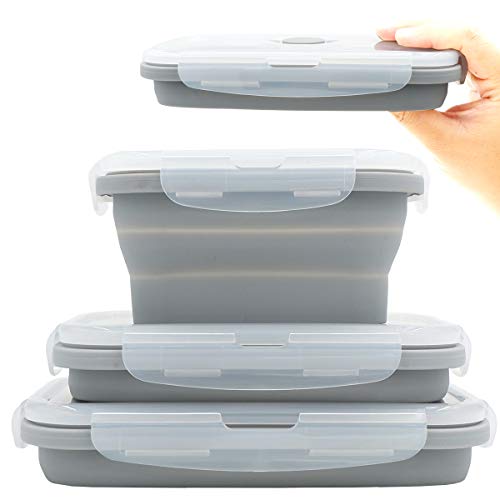 Collapsible Silicone Lunch Bento Box, Portable Food Storage Container Outdoor Picnic Box Space Saving, Microwave, Dishwasher and Freezer Safe, 3 Pcs Set (Grey) - color: Gray