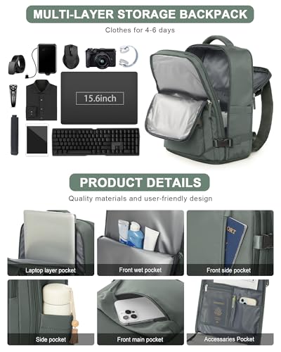 VGCUB Carry on Travel Backpack for Women Men Large Laptop Gym Work Frontier Airlines Personal Item Bag Business Airport Lightweight Backpack Flight Approved Mochilas de Viaje Green - color: Green, style: Large