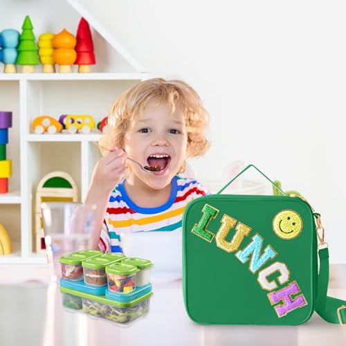 Insulated Lunch Bag With Adjustable Shoulder Strap, Nylon Preppy Lunch Box Large Insulated Lunch Bag Reusable Lunch Tote Bag with Smiley Preppy LunchBag for Girls School Travel Picnic (Dark green) - color: Dark Green
