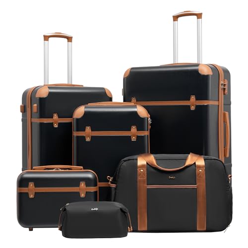 Coolife Luggage Set 6-Piece Suitcase Set Carry On Luggage PC Hardside Luggage TSA Lock Spinner Wheels Telescopic Handle - color: Black, size: 6 piece set