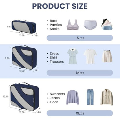 BAGAIL 6 Set Packing Cubes,Travel Luggage Packing Organizers - color: The Navy, style: 6 Set