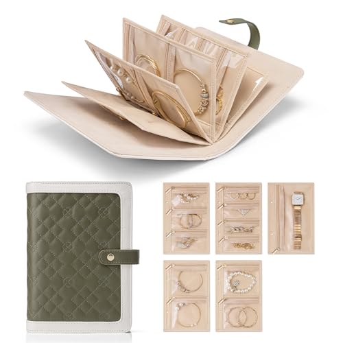 VLANDO Travel Jewelry Organizer Case,Mom Gifts from Daughter,Jewelry Storage Book Ring Binder with Clear Zipper Velvet Jewelry Pouch Bag,Travel Essentials for Rings,Necklace,Earrings-Olive Green - color: 03.Olive Green
