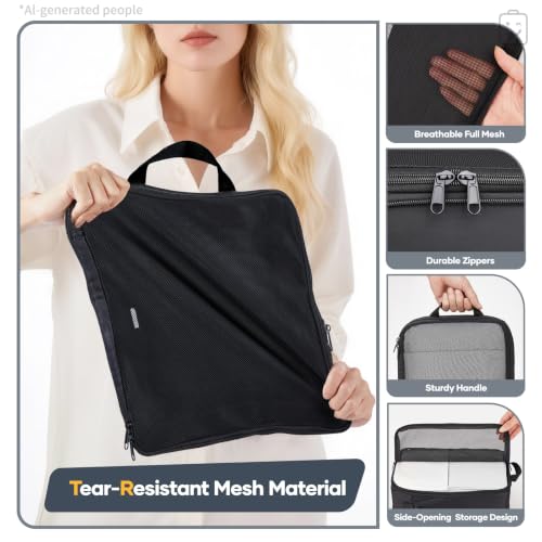 Veken 6/9/11 Set Compression Packing Cubes for Travel Essentials,Compressible Expandable Large Luggage Suitcase Organizer Bags for Clothing,Durable Space Saver Storage Bags(Black) - color: Black, size: 6 set