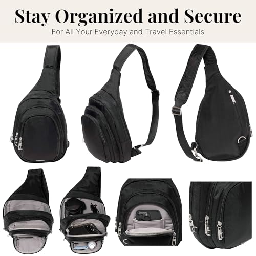 Baggallini Securtex® Anti-Theft Multi Zip Sling - Lightweight 8.6"x15.2" Travel Bag with Locking Zippers & RFID Protection - color: Black