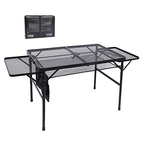 Nice C Folding Grill Table, Camping Tailgate Metal Table, 2 Tier Mesh Grill Station, with Metal Folding Adjustable Height&Width, Mesh Net, Carry Handle, for Outdoor