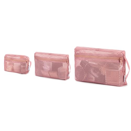 NOL Natural Organic Lifestyle 3-Pack Mesh Travel Toiletry Bags - Clear Zipper Travel Organizer, Airport Carry-On Compliant Reusable Cosmetic Makeup Bag for Women & Men (Dark pink) - color: Dark pink