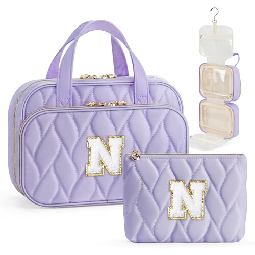 YOOLIFE Hanging Toiletry Bag for Women - Initial Large Capacity Personalized Bag for Traveling Women Travel Essentials Gifts Purple - N - color: Purple, style: N
