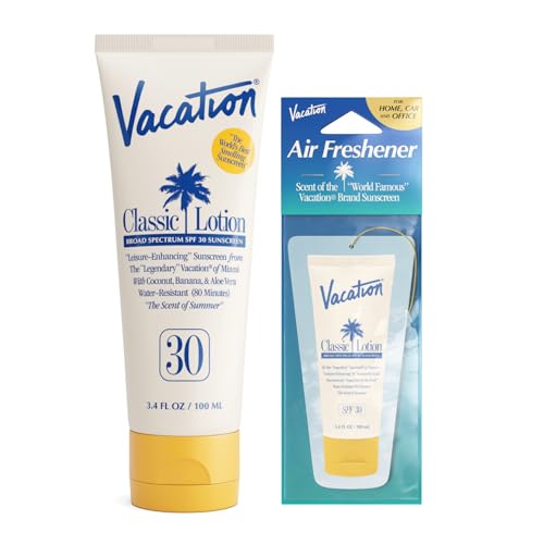 Vacation Classic SPF 30 Sunscreen Lotion and Air Freshener Bundle, 3.4 Fluid Ounces - Invisible, No White Cast, Water-Resistant, Vegan, Dermatologist-Tested, Travel Size - size: 3.4 Fl Oz (Pack of 1), style: SPF 30