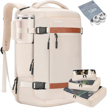 42L Travel Backpack with 4 Packing Cubes, TSA Friendly Flight Approved Carry-On Bag, Water-Resistant Business Backpack for Men Women, Fits 17.3" Laptop (Off-white) - color: Off-white