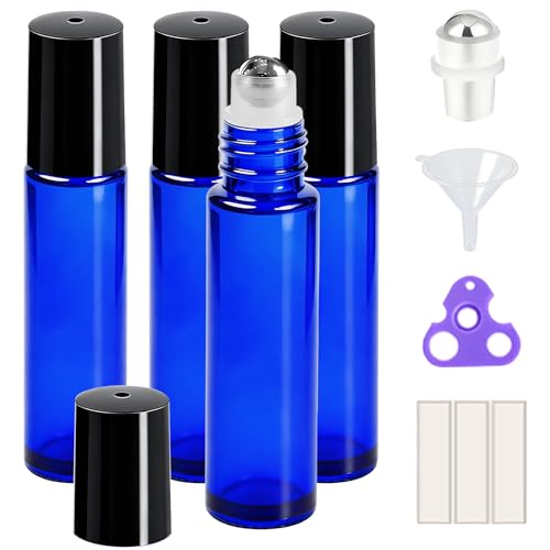 PrettyCare 10 ml 4 Pack Essential Oil Roller Bottles with Stainless Steel Roller Ball - Refillable Leak-proof Empty Thick Blue Glass Roll on Bottles with Black Caps for Travel, Perfume - color: Blue with Black Cap, size: 4 Pack