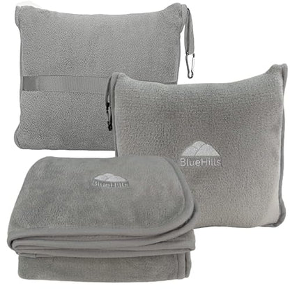 BlueHills Premium Soft Travel Blanket Pillow Airplane Flight Blanket Throw in Ultra-Soft Bag Pillow case Luggage Sleeve & Backpack Clip Large Air Warm Traveler Essentials - Light Gray T024 - color: Lgray-1pk-t024