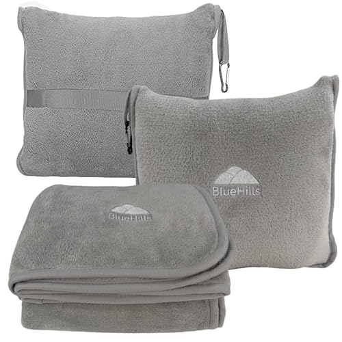 BlueHills Premium Soft Travel Blanket Pillow Airplane Flight Blanket Throw in Ultra-Soft Bag Pillow case Luggage Sleeve & Backpack Clip Large Air Warm Traveler Essentials - Light Gray T024 - color: Lgray-1pk-t024