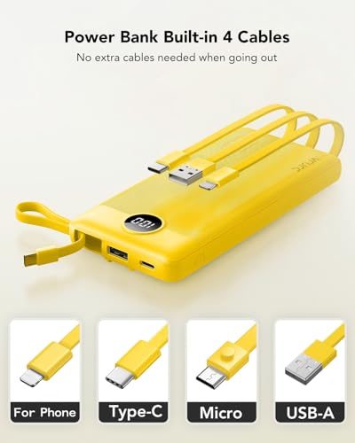 VRURC Portable Charger with Built-in Cables, USB C Portable Phone Charger 10000mAh, Lightweight Power Bank with 5 Output 2 Input Compatible with Smart Phones,Samsung,Android etc-Yellow(1 Pack) - color: Yellow