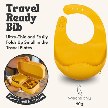 Baby Travel Essentials 6 Pc Silicone Feeding Set - Portable Toddler Plates with Suction, Baby Spoons & Foldable Bib in Carrying Case - BPA-Free Infant & Toddler Utensils for Airplanes & Eating Out - color: Yellow