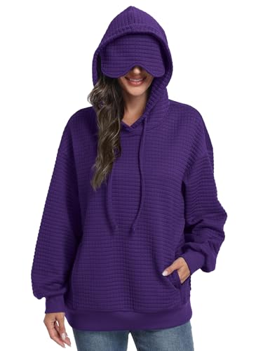 SeSe Code Hoodie With Eye Mask Waffle Hooded Sweatshirts Womens Travel Airplane Sleep Hoodies Mens Oversized Pullover - color: Purple, size: XX-Large
