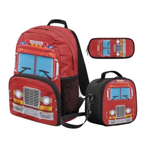 Lightweight 3pcs Backpack Sets with Reusable Insulated Lunch Bag Pencil Case,Fire Truck Schoolbag Sets for Boys Elementary Bookbags - color: Fire Truck -1