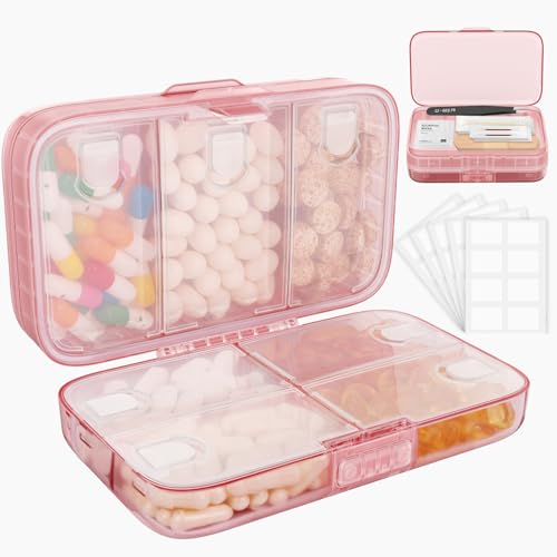 FYY Weekly Pill Organizer with Labels,8 Compartments Travel Daily Pill Case Airtight Moistureproof Large Pill Box to Hold Vitamins, Fish Oil, Supplements,Cotton Swab and Bandages-Pink - color: Pink
