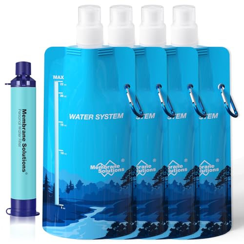 Membrane Solutions Squeezable Water Filtration System, Survival Water Purifier Kit, Portable Backpacking Gear Including Water Filter Straw and 23oz Collapsible Bottle for Hiking Camping Travel(1+4) - style: Squeezable Filter Kit W/ 4 Pouch