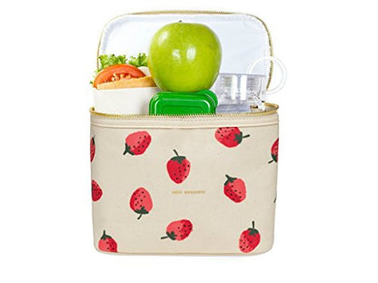 kate spade new york Beige Lunch Bag, Small Insulated Lunch Tote, Thermal Bag with Double Zipper and Carrying Handle, Strawberries