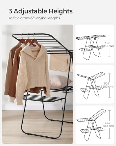 SONGMICS Clothes Drying Rack, Foldable 2-Level Laundry Drying Rack, Free-Standing Laundry Airer, with Height-Adjustable Wings, 33 Drying Rails, Sock Clips, Black ULLR053B01V1 - color: Black, size: 2 Tiers（22"d x 61.8"w x 64.3''h )