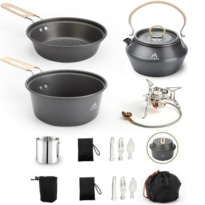 THTYBROS 17pcs Camping Cookware Kit, 0.45Gal Pot, 7inches Pan,0.30Gal Kettle Set with 2 Set Stainless Steel Cups Plates Forks Knives Spoons for Hiking - size: 15 PCS with Stove