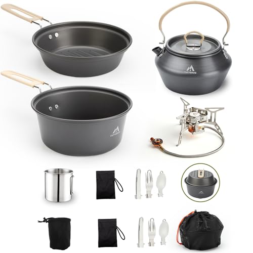 THTYBROS 17pcs Camping Cookware Kit, 0.45Gal Pot, 7inches Pan,0.30Gal Kettle Set with 2 Set Stainless Steel Cups Plates Forks Knives Spoons for Hiking - size: 15 PCS with Stove