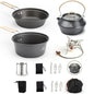 THTYBROS 17pcs Camping Cookware Kit, 0.45Gal Pot, 7inches Pan,0.30Gal Kettle Set with 2 Set Stainless Steel Cups Plates Forks Knives Spoons for Hiking - size: 15 PCS with Stove