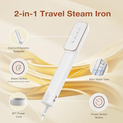 Newbealer 2in1 Travel Iron, 100-240V Clothes Steamer, 2 Steam Levels, Gold | Portable for On-the-Go, Heats in 20s, Dry Iron No Clamp, 180° Rotatable Head, 360° Leak-Proof, Auto-Off, Self-Cleaning, 90ml
